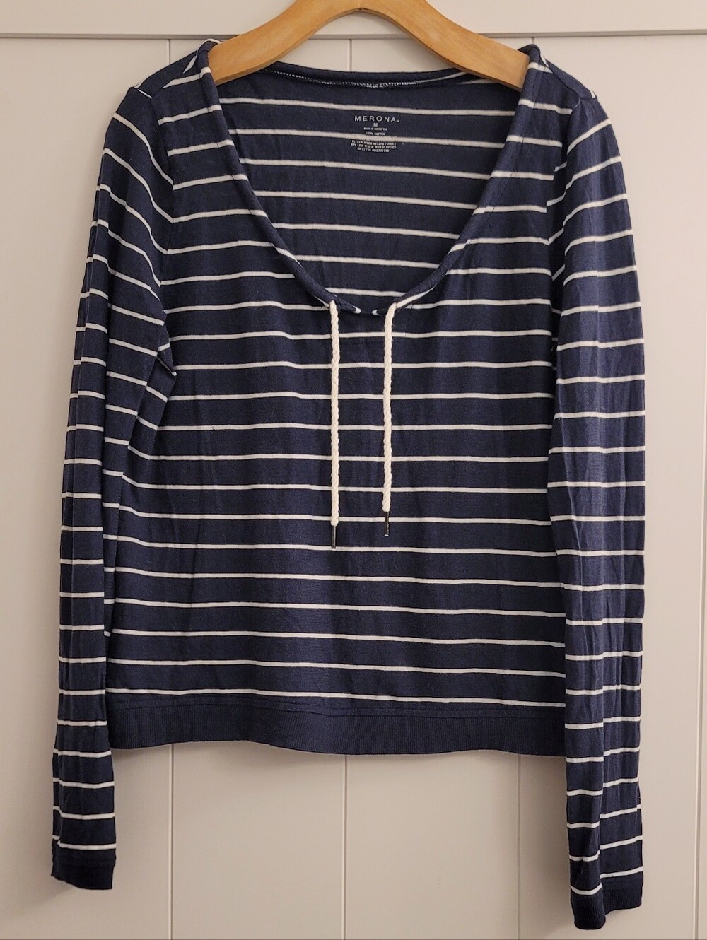 Merona Navy & White Striped Long Sleeve Top Size M